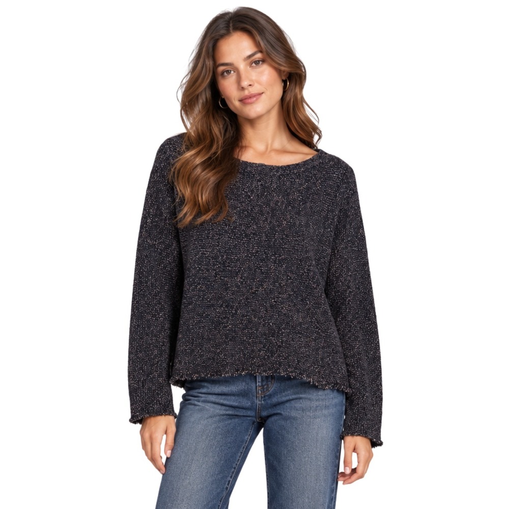 Eileen Fisher Sweater Medium Navy Blue Tan Marled Wool Cotton Blend Fringed Hem